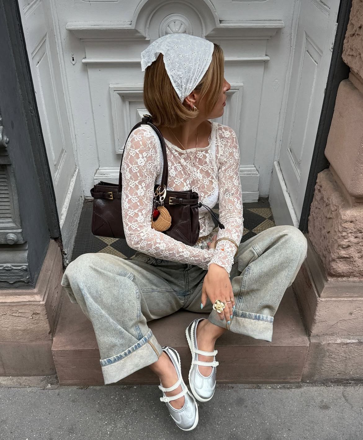 Woman with Headphones and Denim Jacket